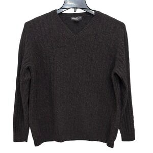 VTG Eddie Bauer Mens Lambswool Sweater XLT Cableknit Crew‎ Neck Fisherman Brown